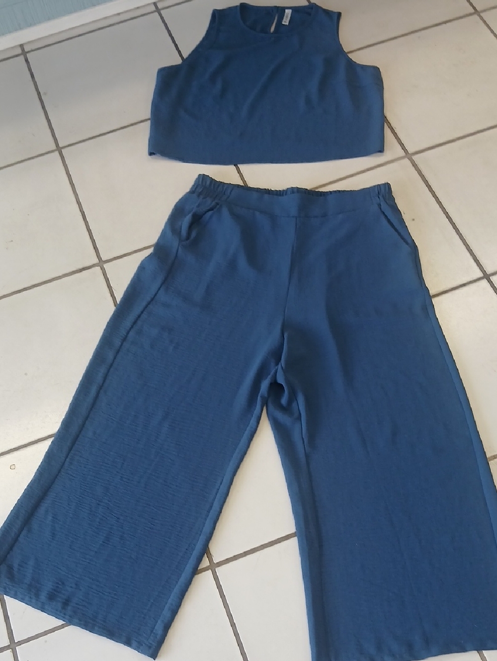 Blue Two-Piece Crop Top & Wide Leg Pants Set